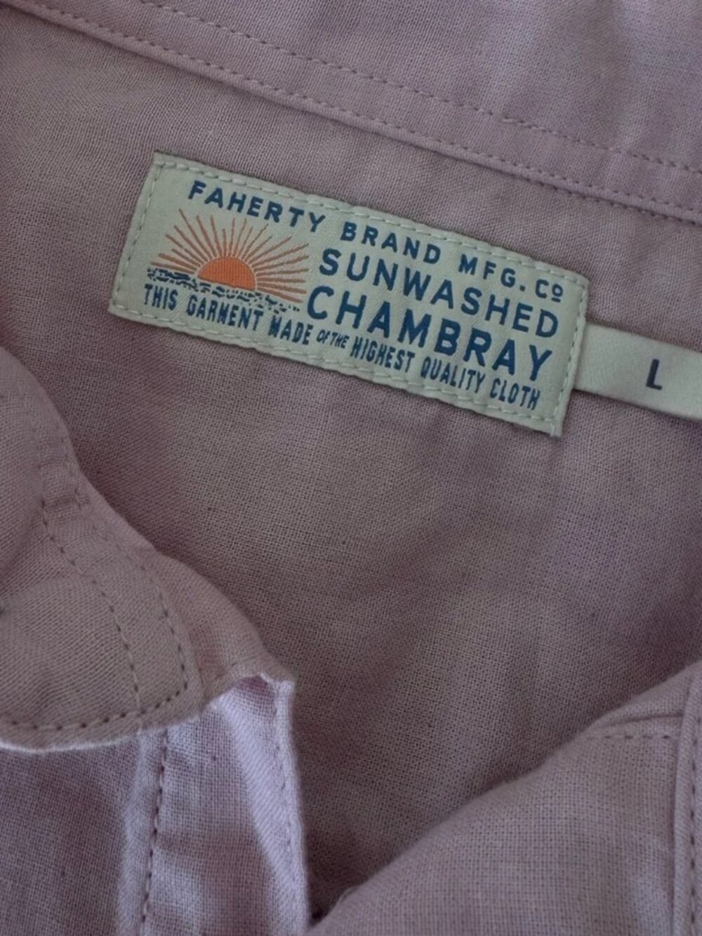 Faherty Sunwashed Chambray Shirt: Pink Sz L - Picture 5 of 9